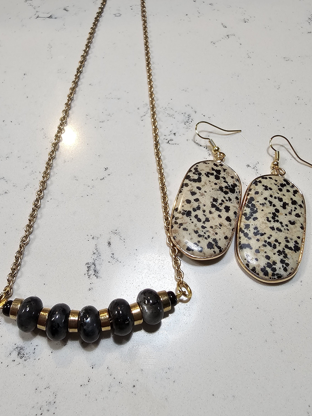Gold-Tone Dalmatian Jasper Beaded Necklace & Earrings Set